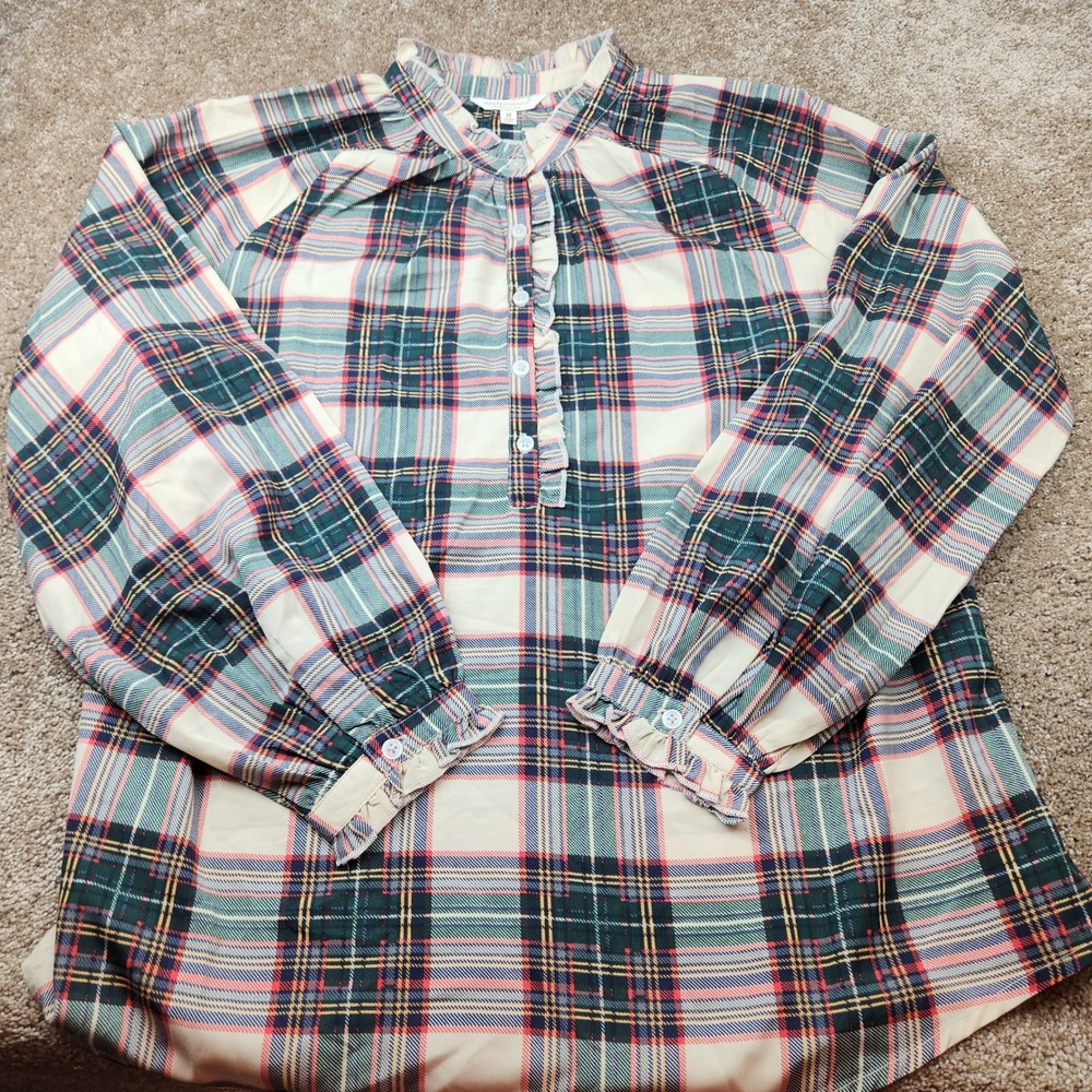 Simply Southern Plaid Ruffle Neck Blouse Green Red Tartan Long Sleeve Medium NEW